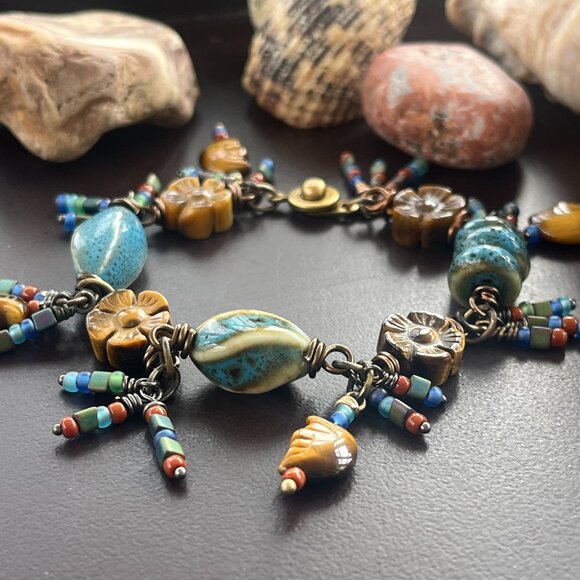Handmade Jewelry - Tiger's Eye Carved Gemstones & Ceramic Art Beads Wire Wrapped Linked Bracelet